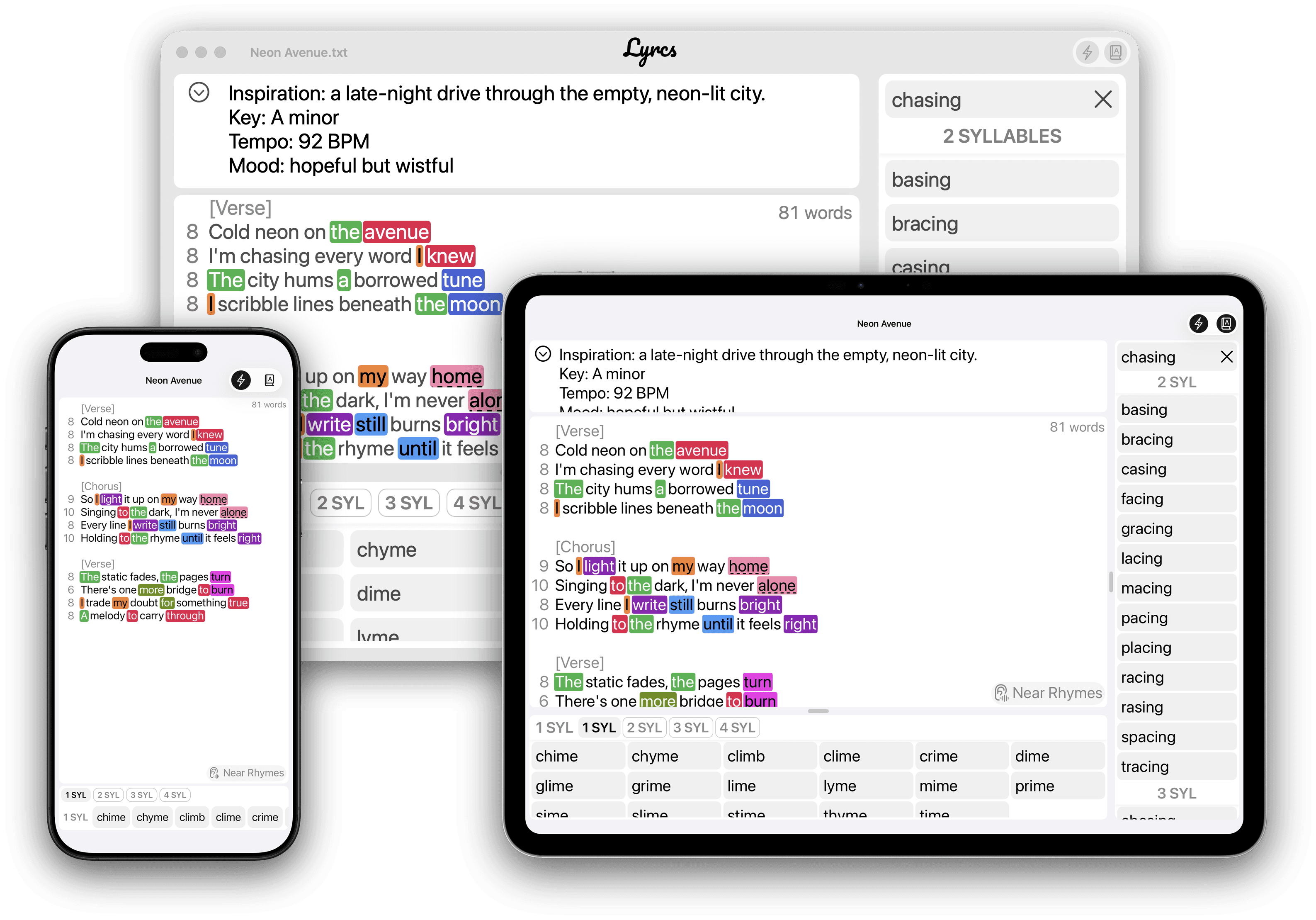 Lyrcs running on Mac, iPad and iPhone